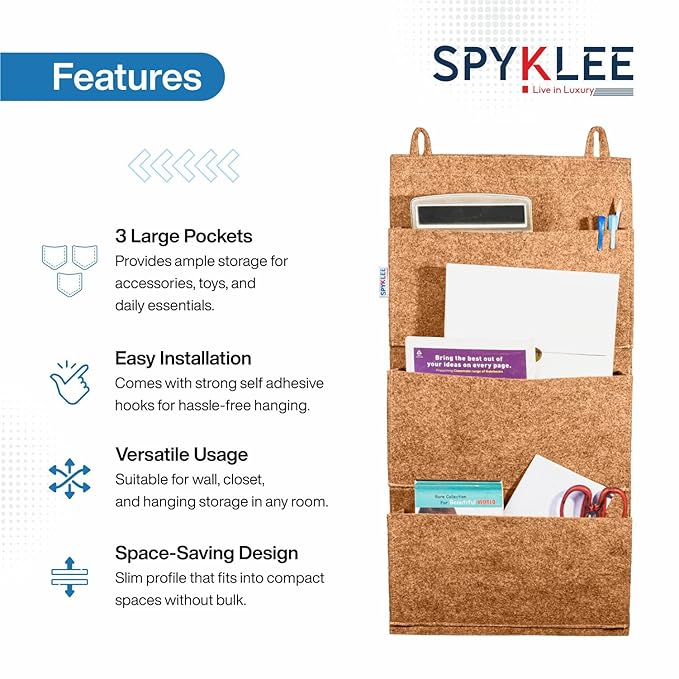 Wall Mounted Storage Holder with Self-Adhesive Hooks | Space Saving Multi-Purpose Shelf for Accessories, Essentials Bedroom, Office & Door(Beige)