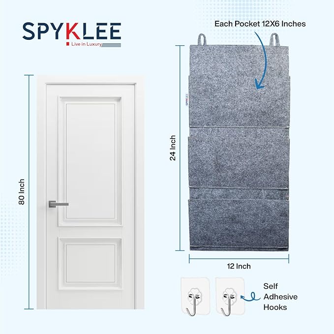 Premium Felt 3-Pocket Hanging Organizer | Wall Mounted Storage Holder with Self-Adhesive Hooks | Space Saving Multi-Purpose Shelf for Accessories, Essentials Bedroom, Office & Door (Grey)