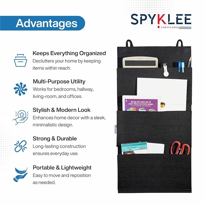 Premium Felt 3-Pocket Hanging Organizer | Wall Mounted Storage Holder with Self-Adhesive Hooks | Space Saving Multi-Purpose Shelf for Accessories, Essentials Bedroom, Office & Door(Black)