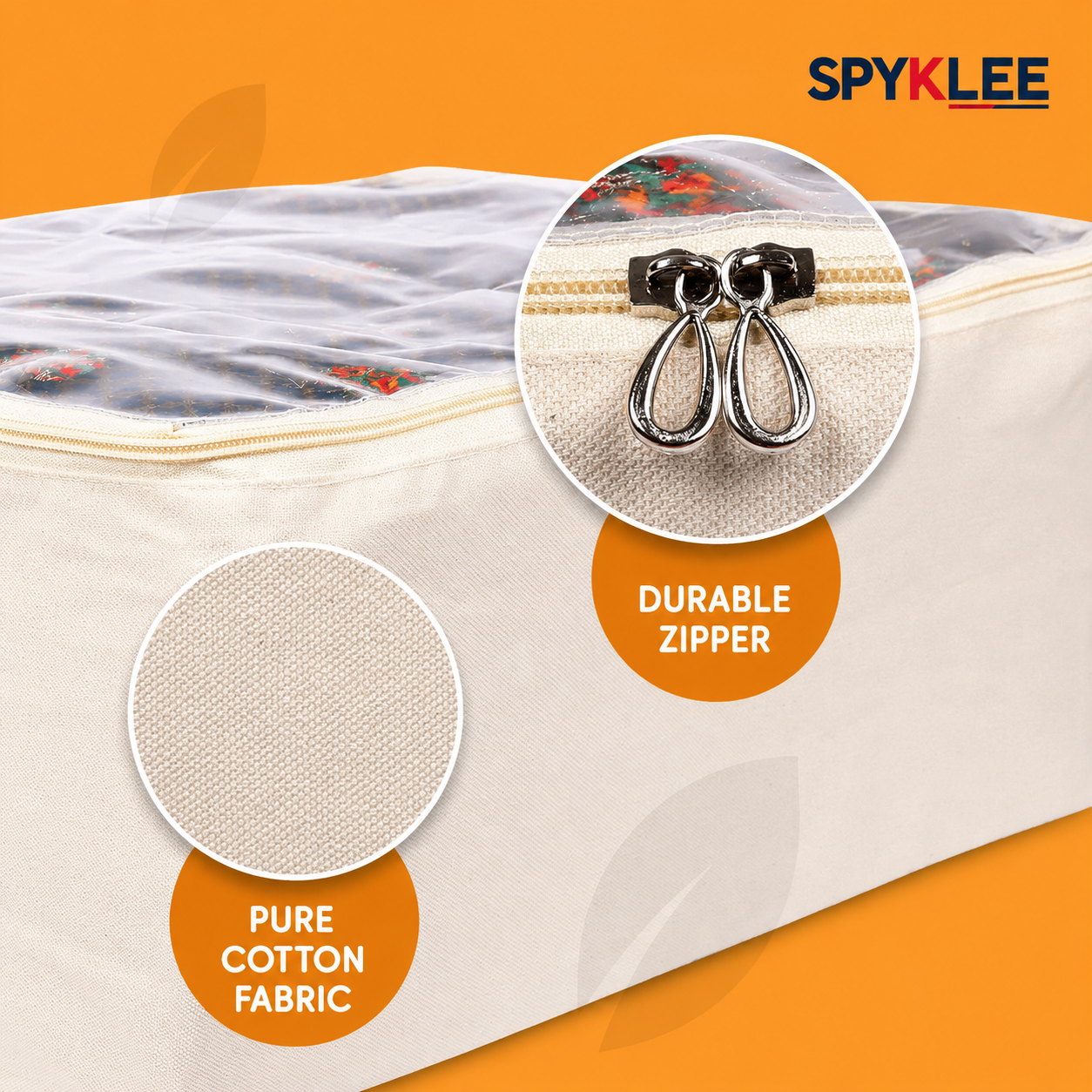 Pack of 2 Cotton Clothes Storage Bags With Zip | Saree & Lehenga Covers | Wardrobe Organizer for Dresses | Washable & Reusable | 17 x 14 x 7 Inches, Off-White