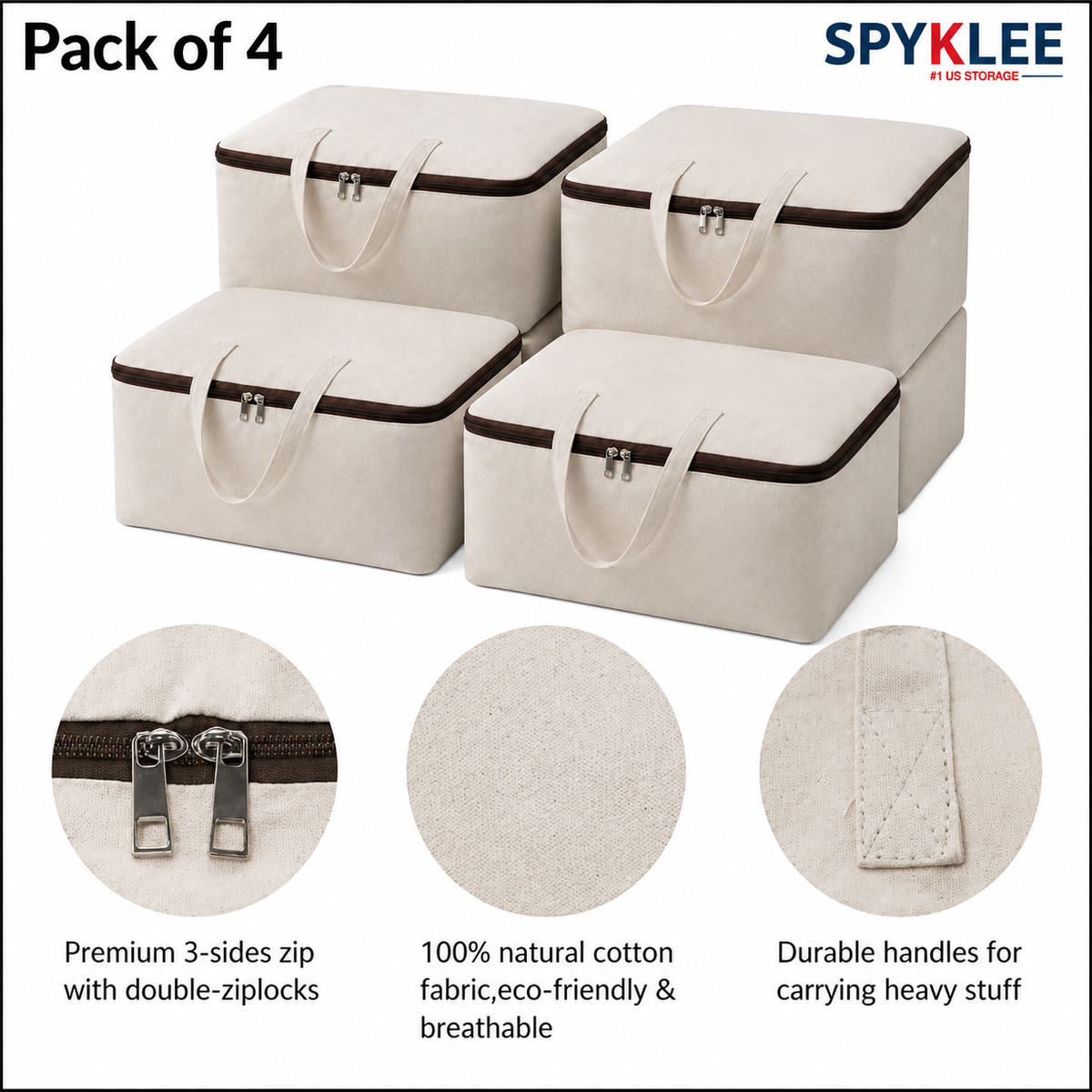 Pack of 4 Cotton Canvas Foldable Storage Bags for Clothes, Blankets & Quilts – 60 x 45 x 22 cm, Off-White
