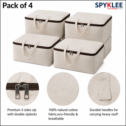 Pack of 4 Cotton Canvas Foldable Storage Bags for Clothes, Blankets & Quilts – 60 x 45 x 22 cm, Off-White