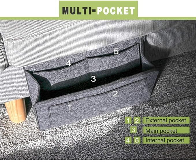 Premium Felt Hanging Bedside Organizer Bag with 5 Pockets - Black
