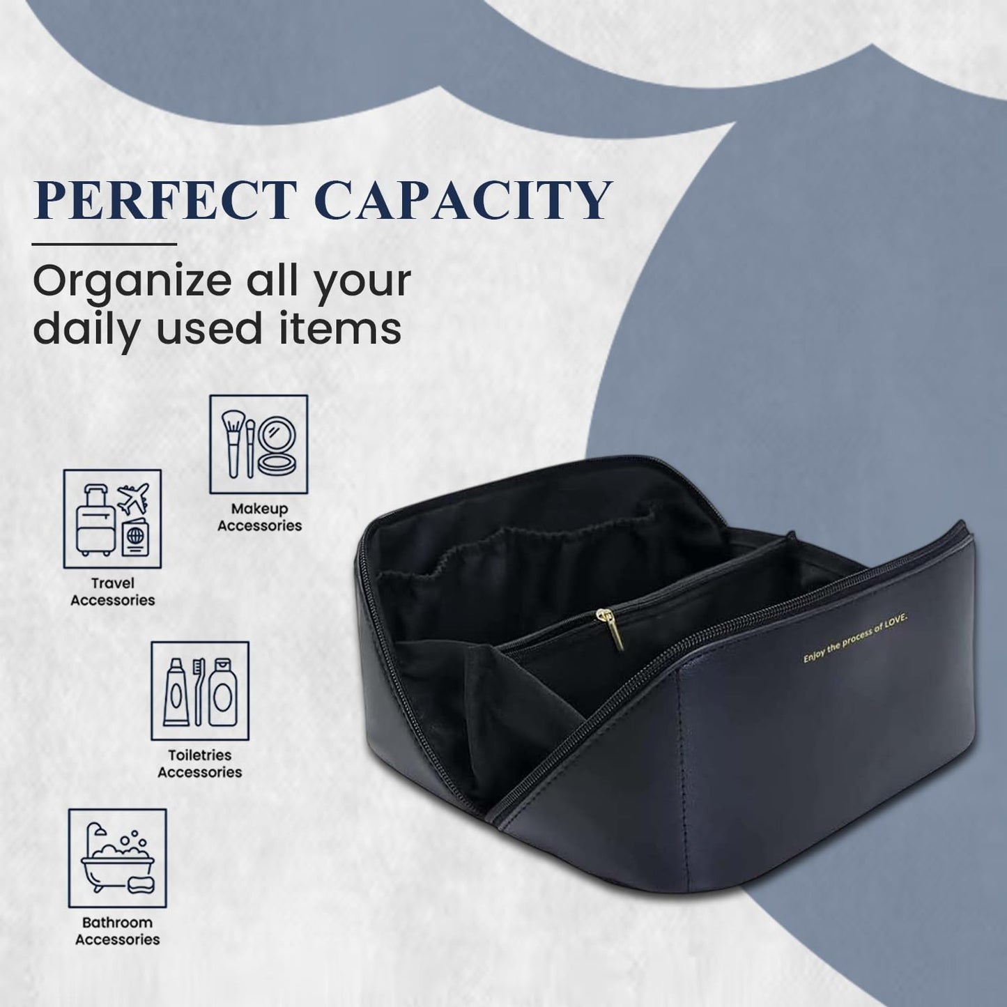Large Capacity Travel Cosmetic Bag with Handle and Inner Divider | Premium PU Leather Makeup Storage Case | Waterproof Portable Wide Opening Toiletry & Vanity Pouch for Women & Girls (Black)