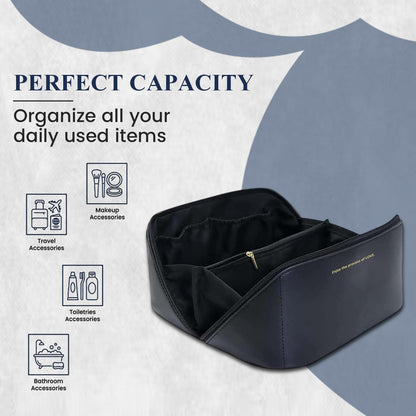 Large Capacity Travel Cosmetic Bag with Handle and Inner Divider | Premium PU Leather Makeup Storage Case | Waterproof Portable Wide Opening Toiletry & Vanity Pouch for Women & Girls (Black)