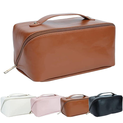 Large Capacity Travel Cosmetic Bag with Handle and Inner Divider (Brown)