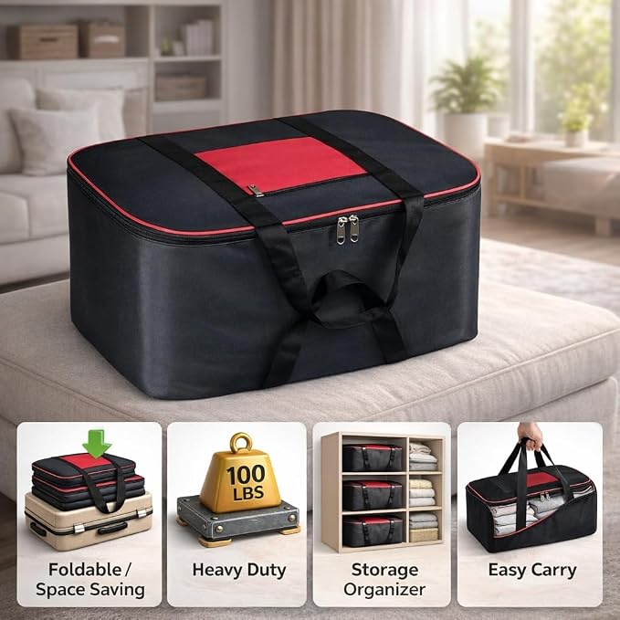 Non Woven Storage Bags with Zipper & Handle | (1Pc, Black and Red)