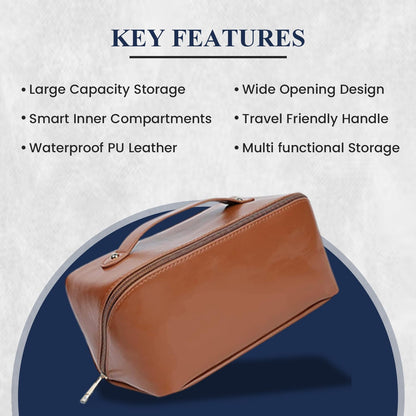 Large Capacity Travel Cosmetic Bag with Handle and Inner Divider | Premium PU Leather Makeup Storage Case | Waterproof Portable Wide Opening Toiletry & Vanity Pouch for Women & Girls (Black)