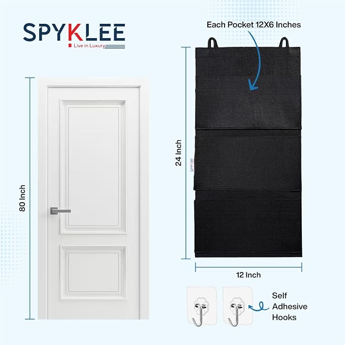 Premium Felt 3-Pocket Hanging Organizer | Wall Mounted Storage Holder with Self-Adhesive Hooks | Space Saving Multi-Purpose Shelf for Accessories, Essentials Bedroom, Office & Door(Black)