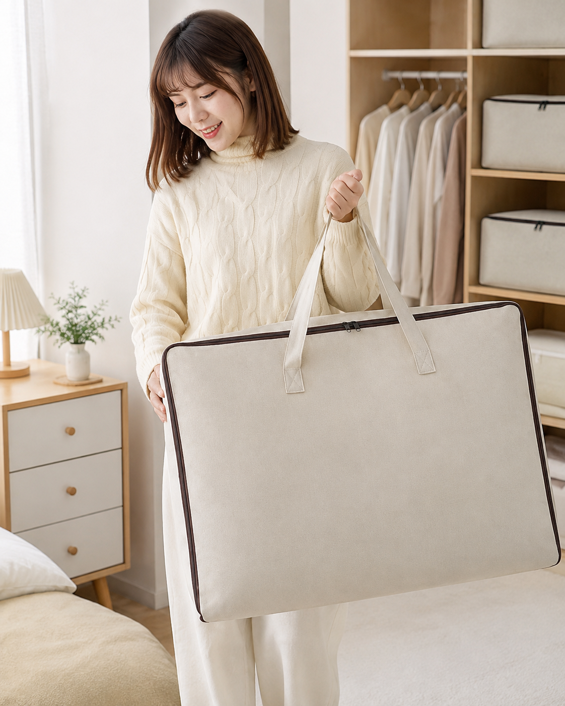 Pack of 2 Cotton Canvas Foldable Storage Bags for Clothes, Blankets & Quilts – 60 x 45 x 22 cm, Off-White