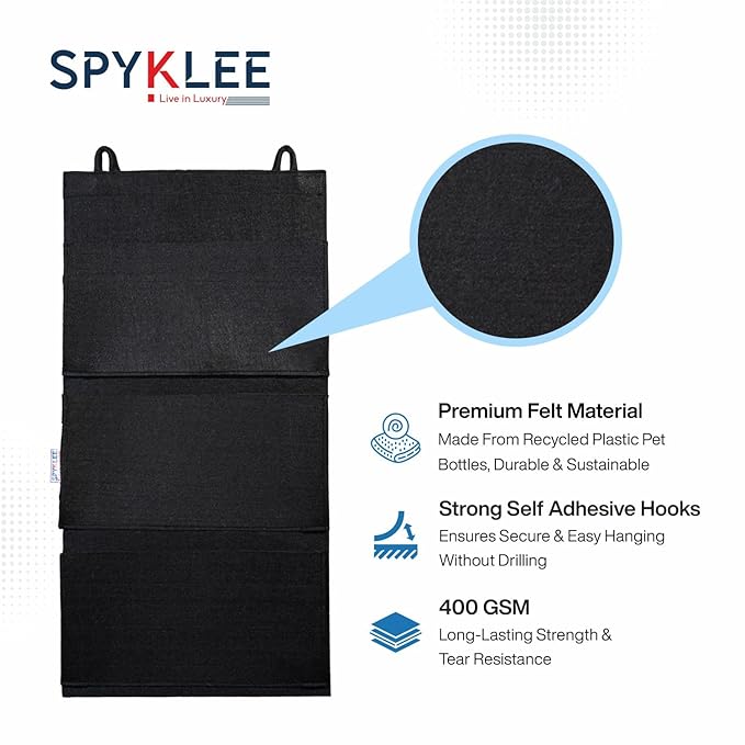 Premium Felt 3-Pocket Hanging Organizer | Wall Mounted Storage Holder with Self-Adhesive Hooks | Space Saving Multi-Purpose Shelf for Accessories, Essentials Bedroom, Office & Door(Black)