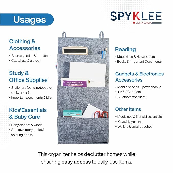 8 Pocket Felt Hanging Organizer  Bag with Self-Adhesive Hooks Dark Grey)