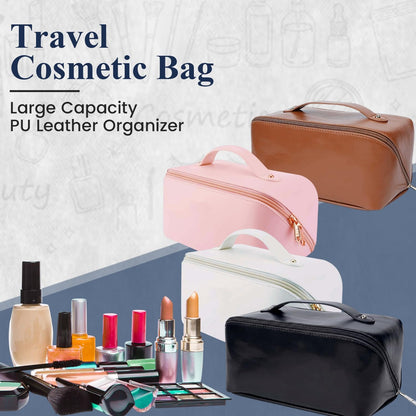 Large Capacity Travel Cosmetic Bag with Handle and Inner Divider | Premium PU Leather Makeup Storage Case | Waterproof Portable Wide Opening Toiletry & Vanity Pouch for Women & Girls (Black)