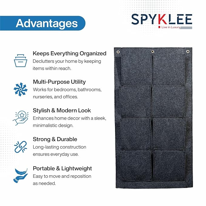 8 Pocket Felt Hanging Organizer  Bag with Self-Adhesive Hooks Dark Grey)