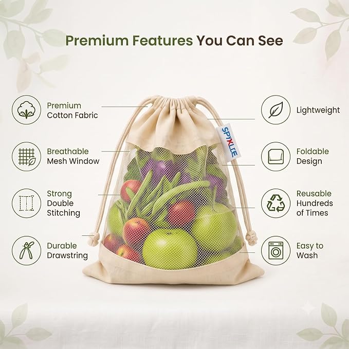 Reusable Muslin Breathable Washable Vegetable & Fruit Storage Bag - Beige, 10x13 Inch