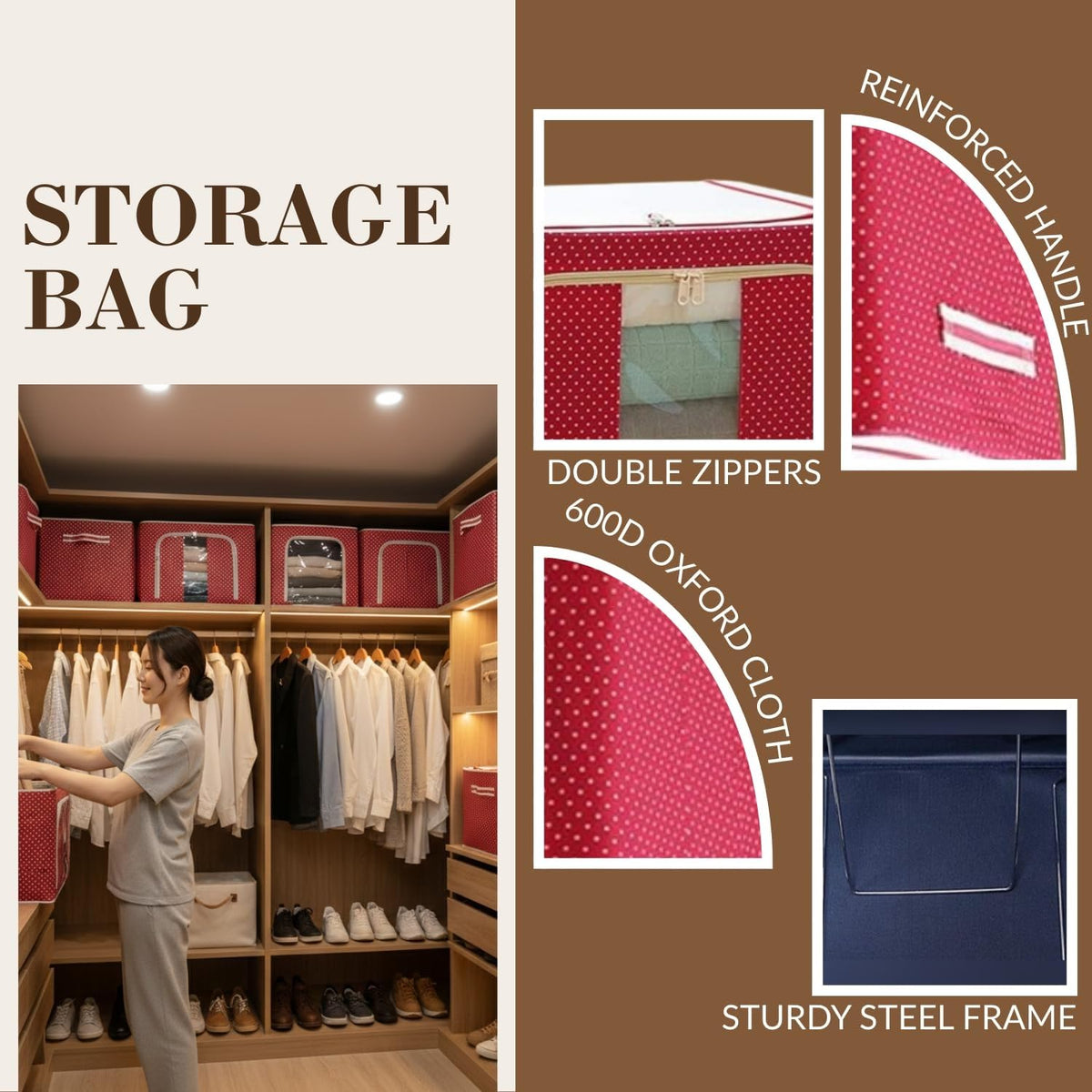 polycotton Clothes Storage Organizer Bins (Red, 66L)