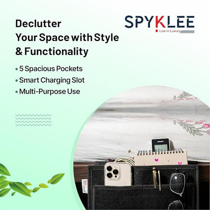 Premium Felt Hanging Bedside Organizer Bag with 5 Pockets - Black