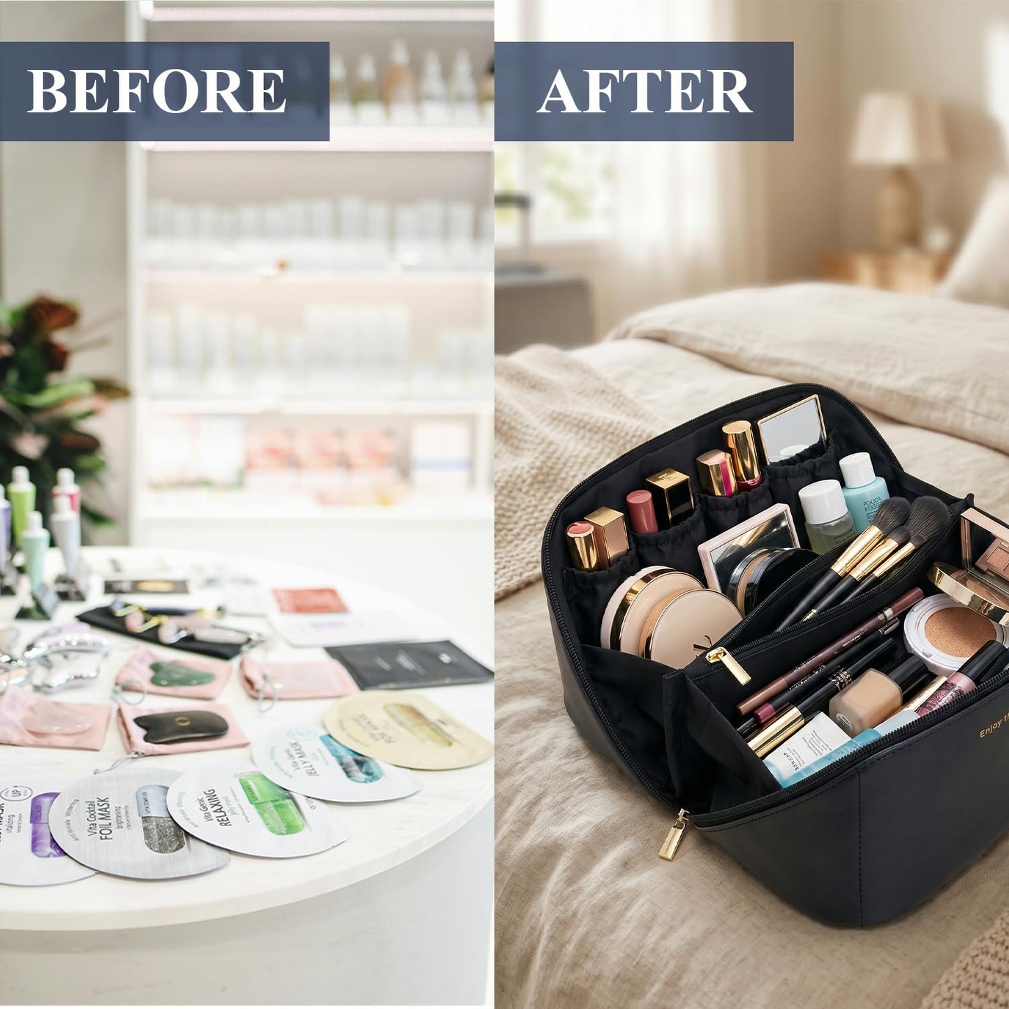 Large Capacity Travel Cosmetic Bag with Handle and Inner Divider | Premium PU Leather Makeup Storage Case | Waterproof Portable Wide Opening Toiletry & Vanity Pouch for Women & Girls (Black)