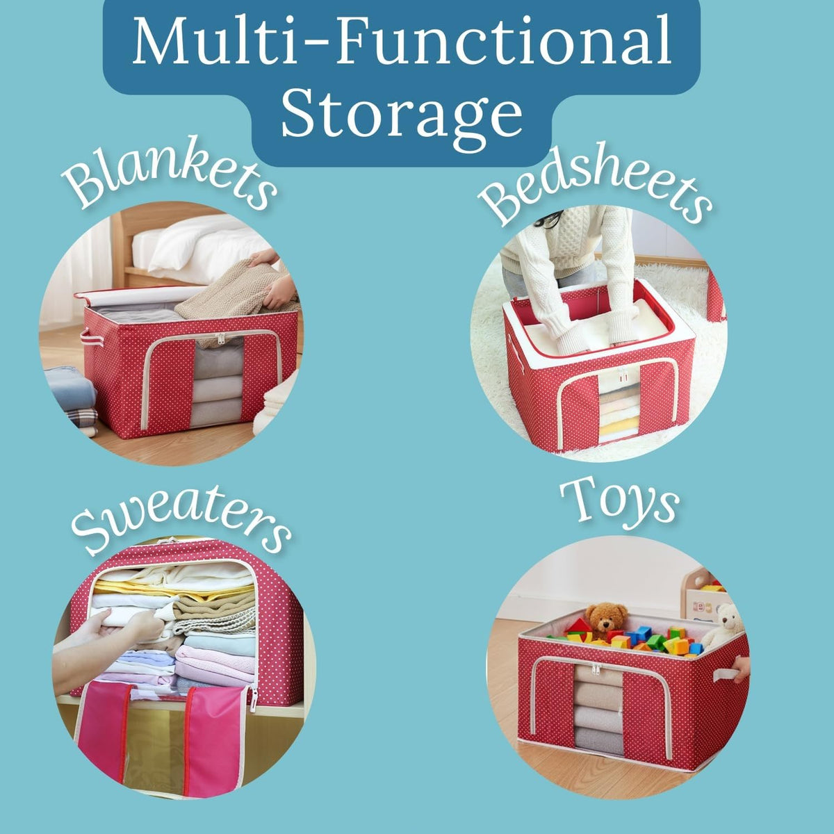 polycotton Clothes Storage Organizer Bins (Red, 66L)