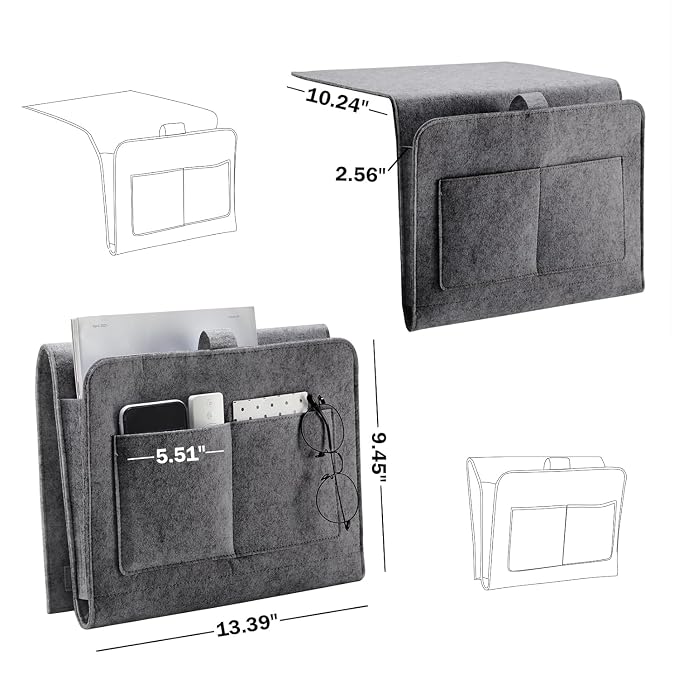 Premium Felt Hanging Bedside Organizer Bag with 5 Pockets - Black