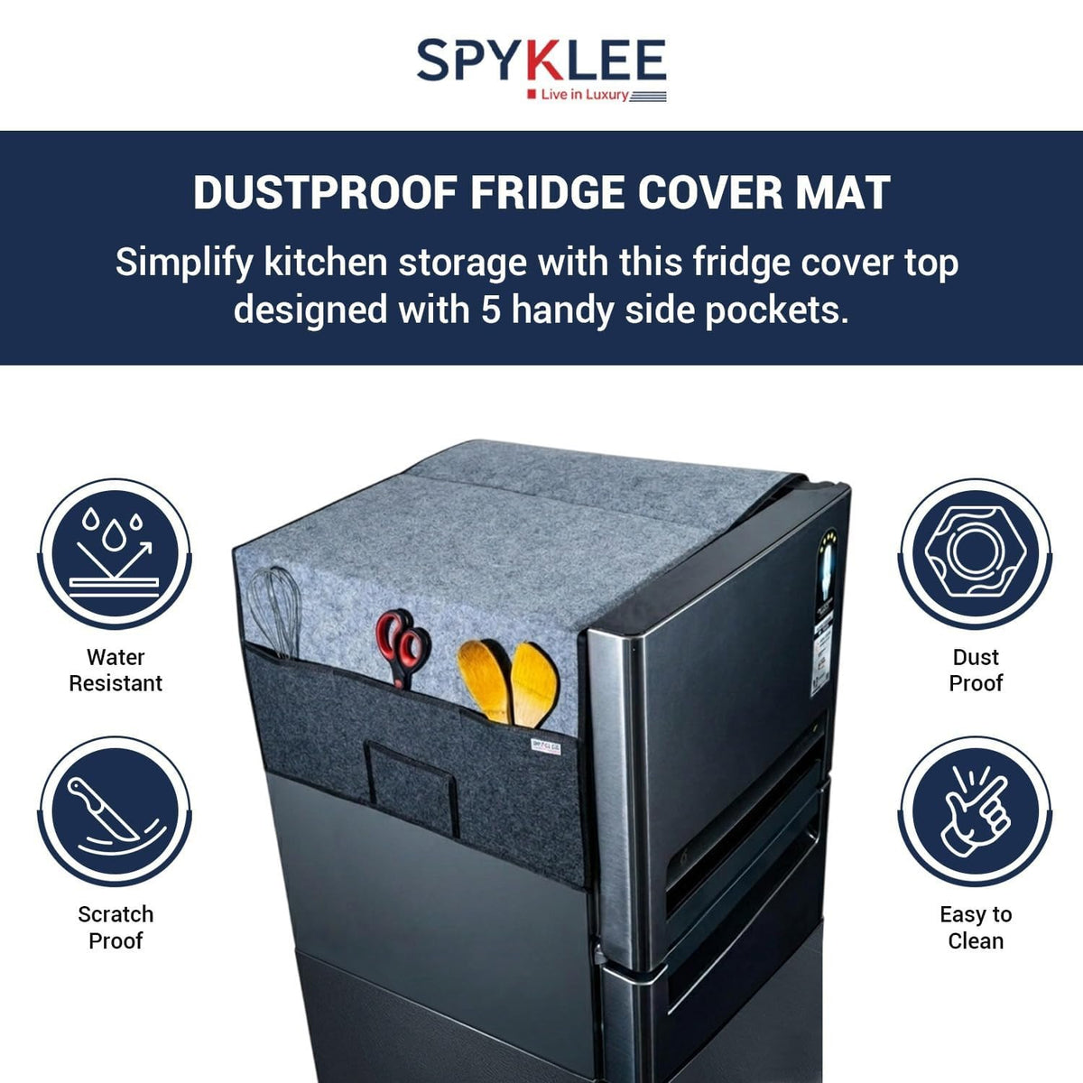 Refrigerator Top Cover with 5 Storage Side Pockets (Black, 24X21 Inches)