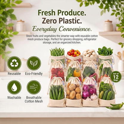 Reusable Muslin Breathable Washable Vegetable & Fruit Storage Bag - Beige, 10x13 Inch