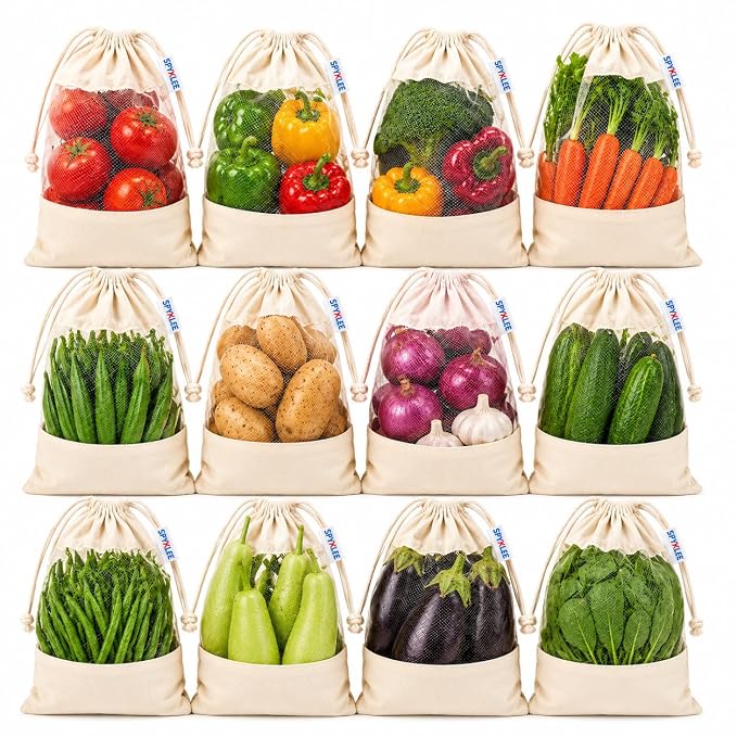 Reusable Muslin Breathable Washable Vegetable & Fruit Storage Bag - Beige, 10x13 Inch