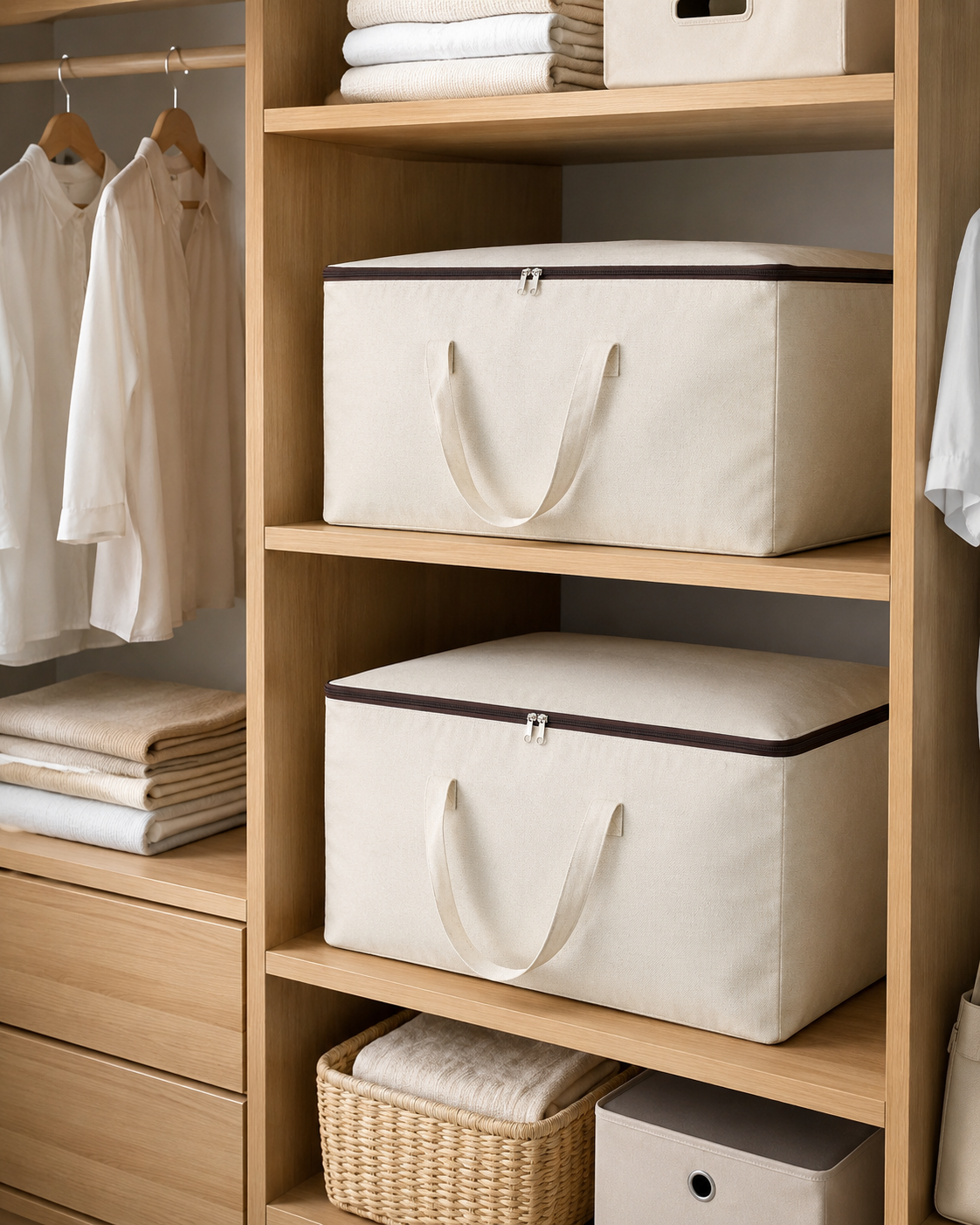 Pack of 2 Cotton Canvas Foldable Storage Bags for Clothes, Blankets & Quilts – 60 x 45 x 22 cm, Off-White