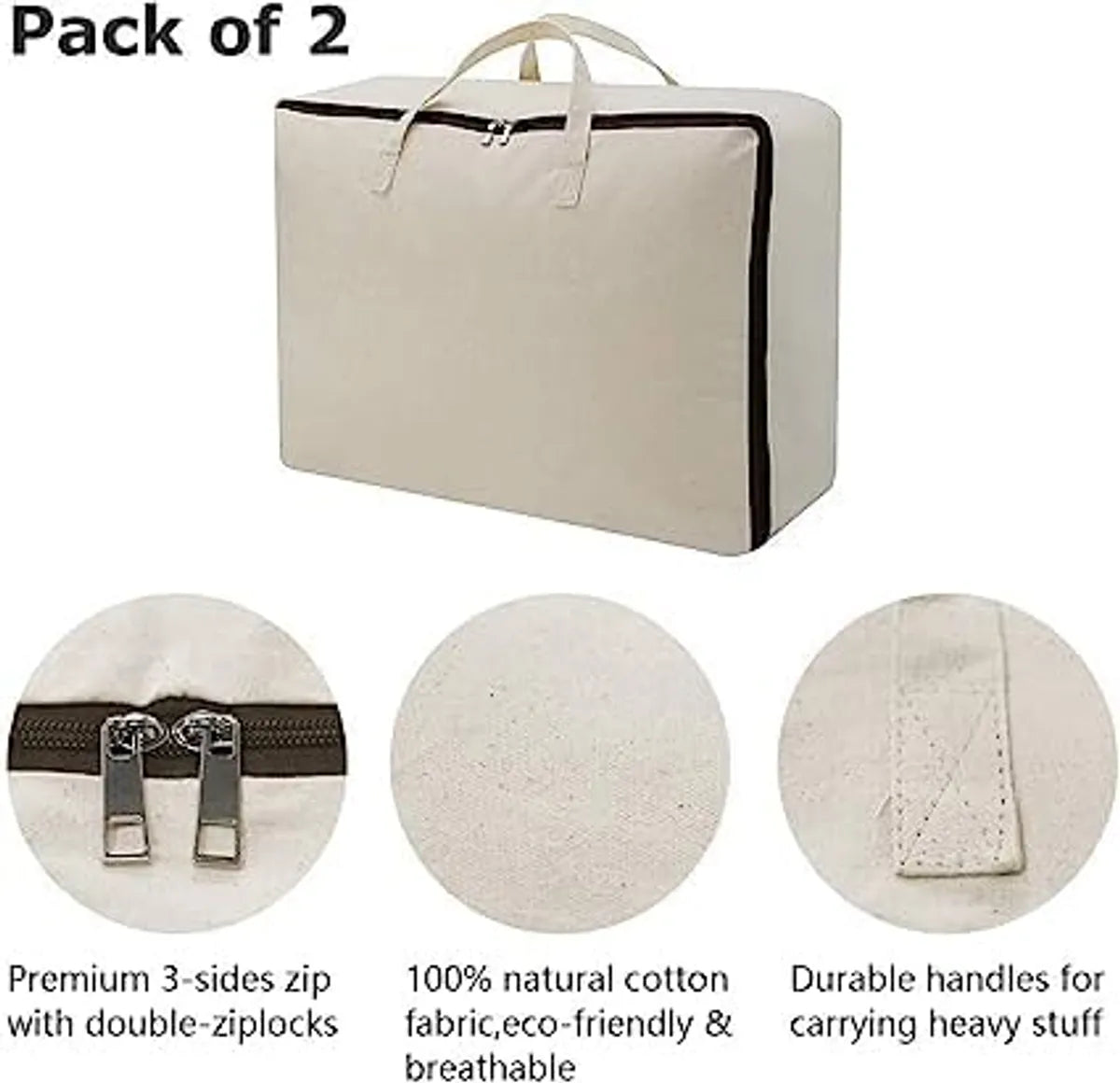 Pack of 2 Cotton Canvas Foldable Storage Bags for Clothes, Blankets & Quilts – 60 x 45 x 22 cm, Off-White