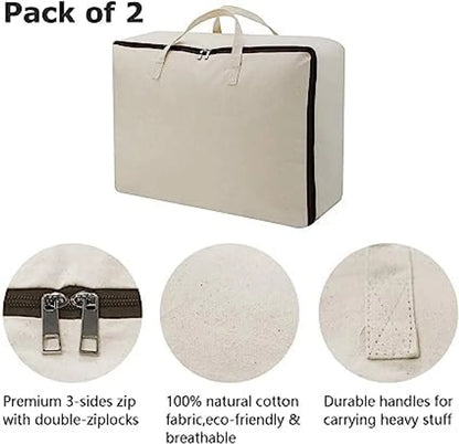 Pack of 2 Cotton Canvas Foldable Storage Bags for Clothes, Blankets & Quilts – 60 x 45 x 22 cm, Off-White
