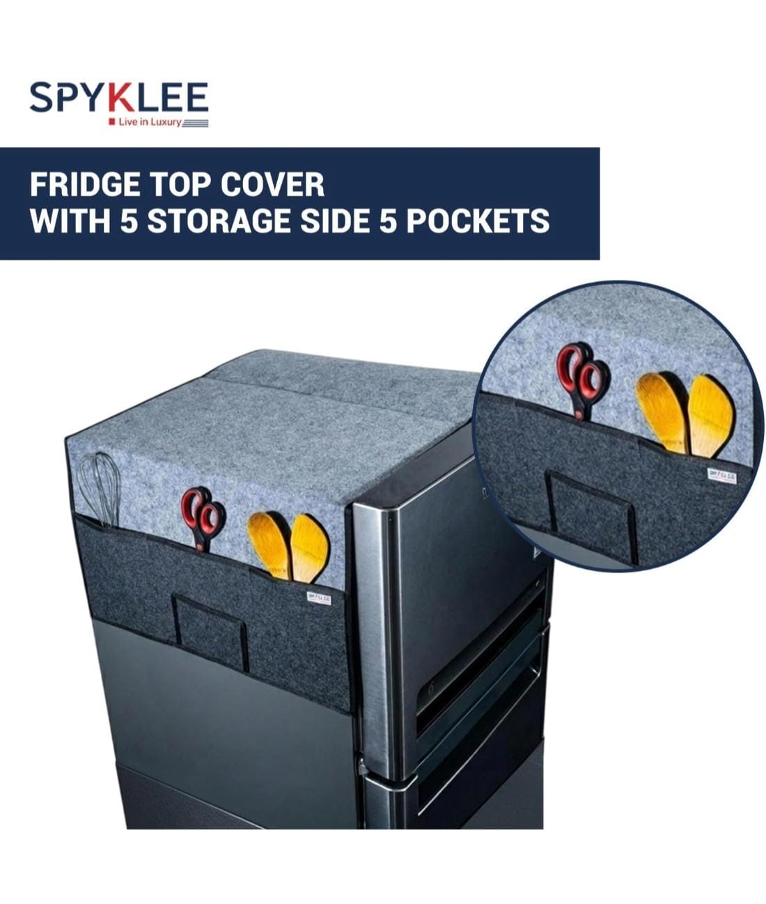 Refrigerator Top Cover with 5 Storage Side Pockets (Grey-Black,24X21Inches)
