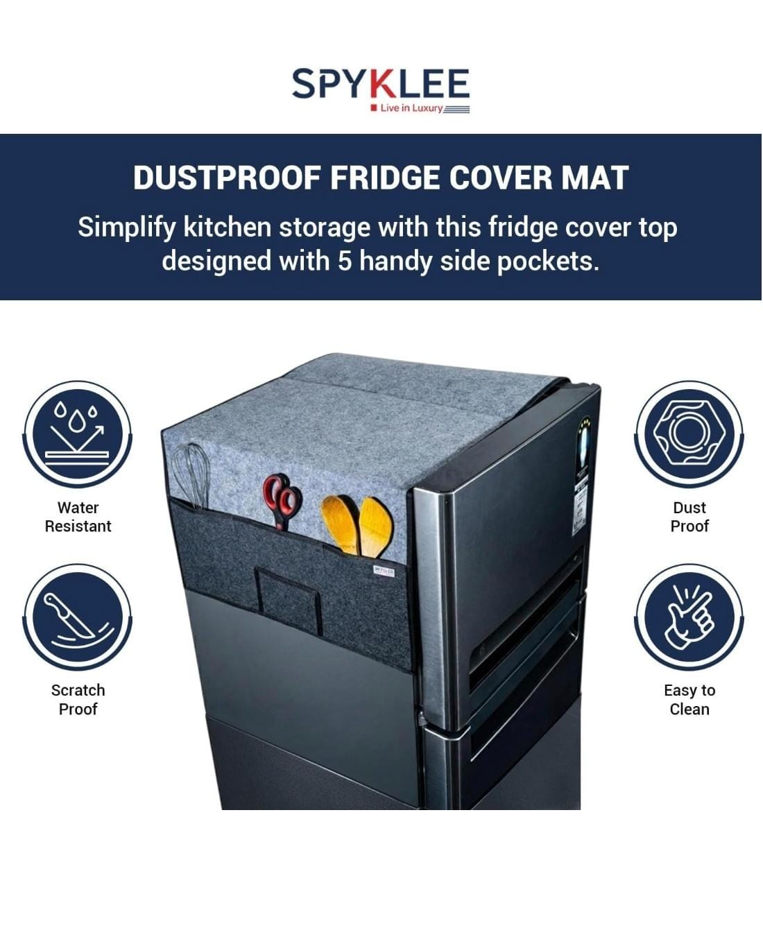 Refrigerator Top Cover with 5 Storage Side Pockets (Black-Grey,35X24Inches)