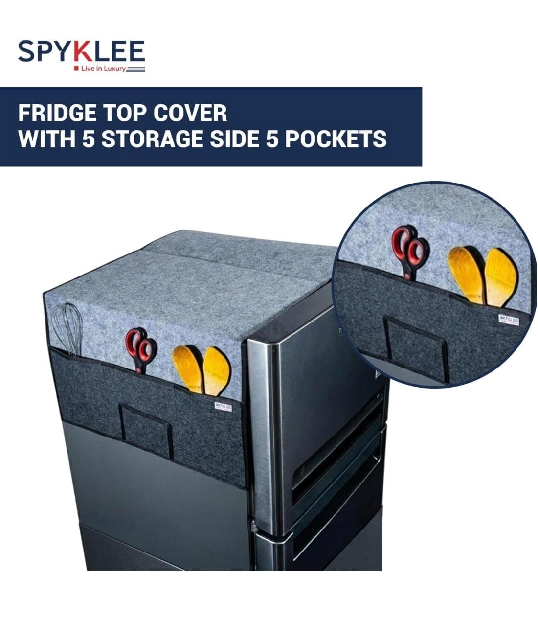 Refrigerator Top Cover with 5 Storage Side Pockets (Black-Grey,35X24Inches)