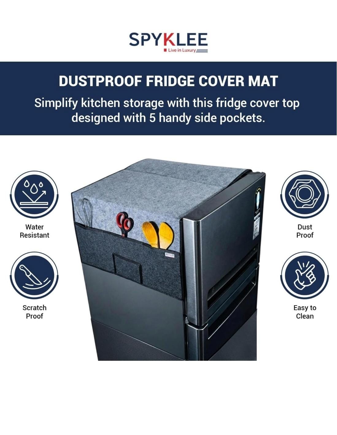 Refrigerator Top Cover with 5 Storage Side Pockets  (Black, 31 X 23 Inches)