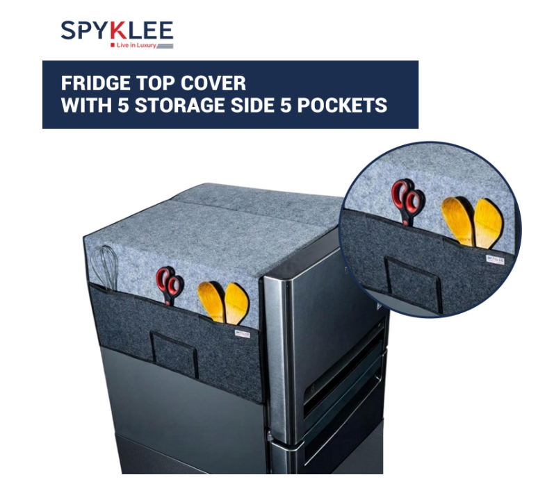 Refrigerator Top Cover with 5 Storage Side Pockets (Grey-Black, 29X22 Inches)