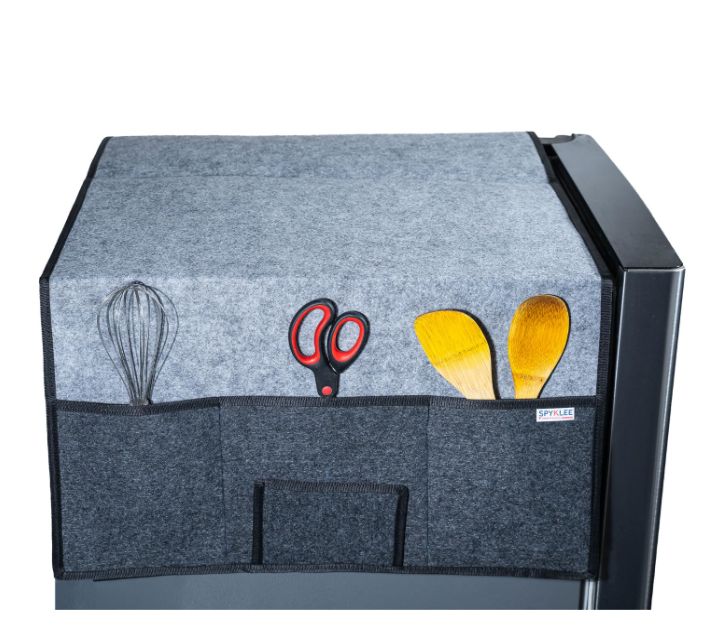 Refrigerator Top Cover with 5 Storage Side Pockets(Black-Grey,24X21Inches)
