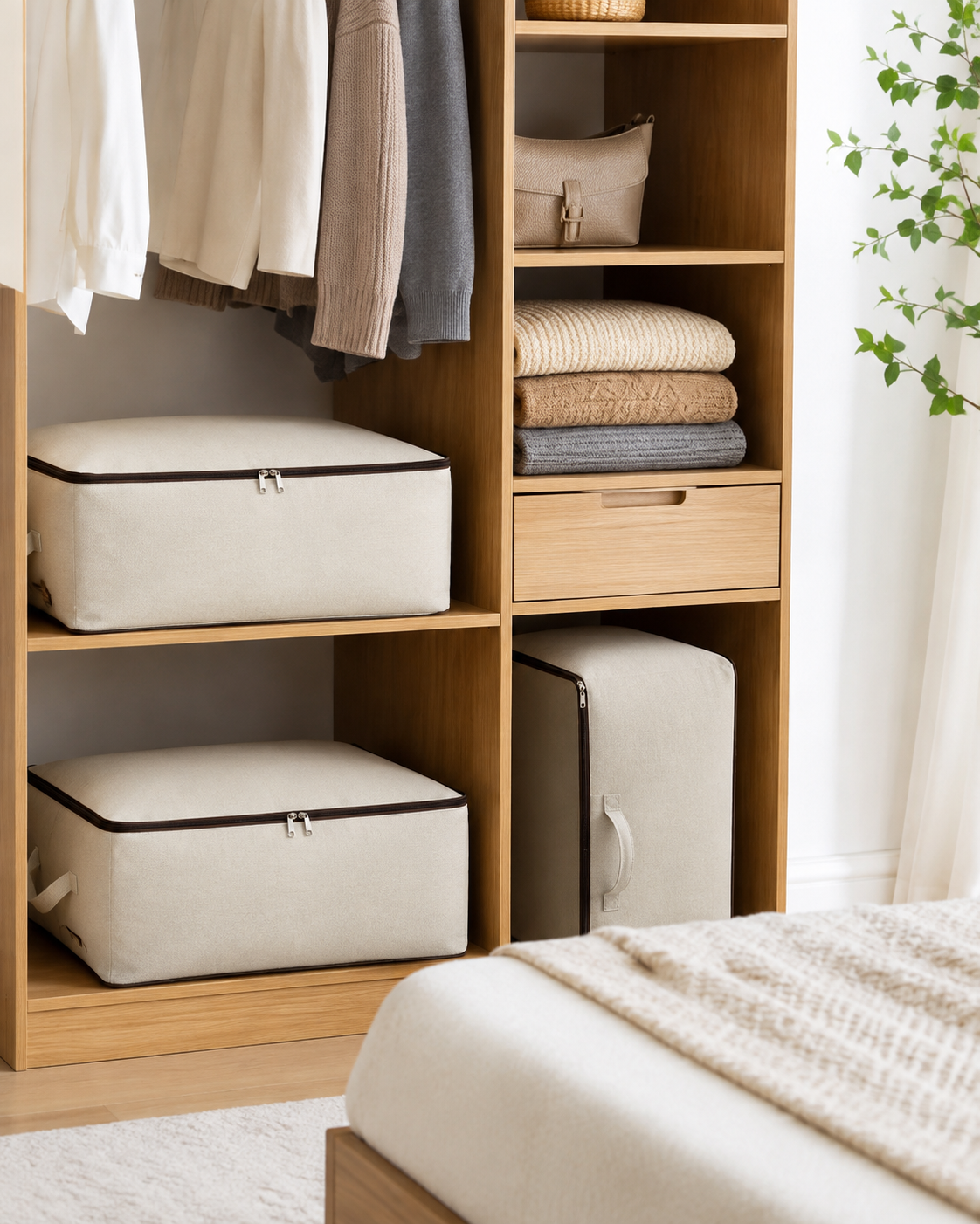 Pack of 4 Cotton Canvas Foldable Storage Bags for Clothes, Blankets & Quilts – 60 x 45 x 22 cm, Off-White