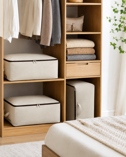 Pack of 4 Cotton Canvas Foldable Storage Bags for Clothes, Blankets & Quilts – 60 x 45 x 22 cm, Off-White