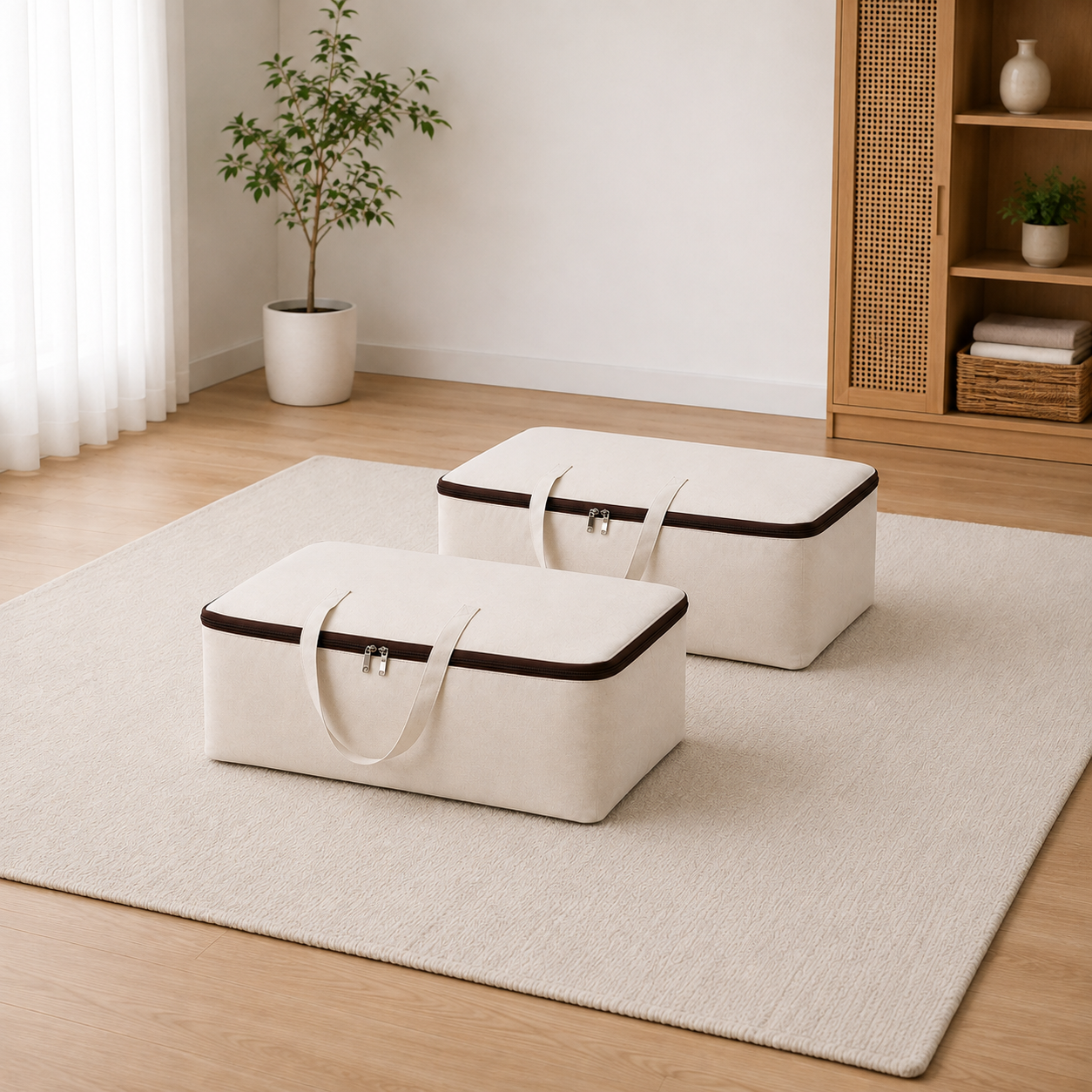 Pack of 2 Cotton Canvas Foldable Storage Bags for Clothes, Blankets & Quilts – 60 x 45 x 22 cm, Off-White